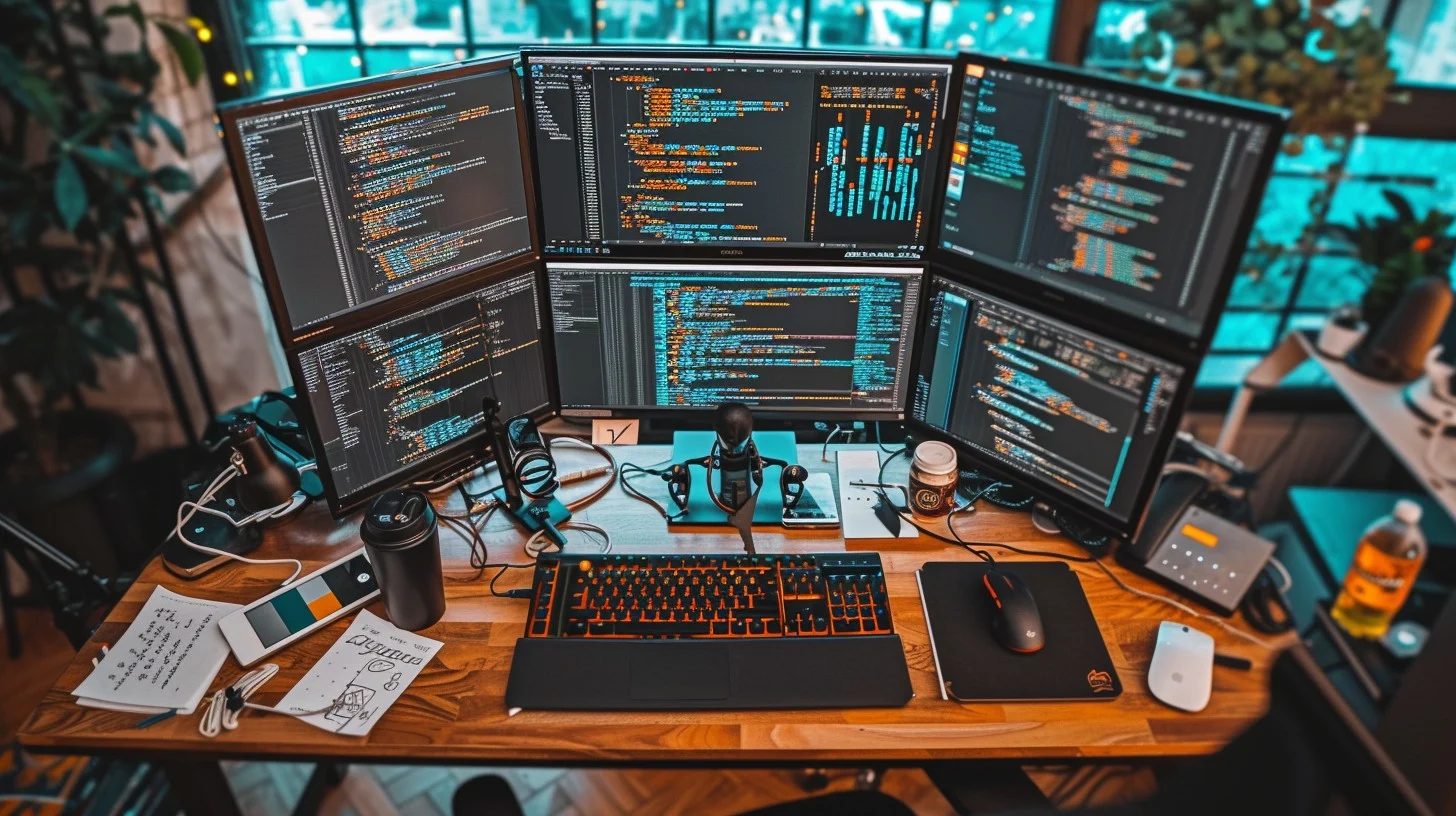 Developer workspace with laptop and coding setup